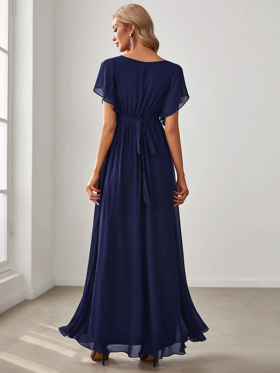 Custom Size A Line Wholesale Bridesmaid Dresses with Deep V Neck Ruffles Sleeves