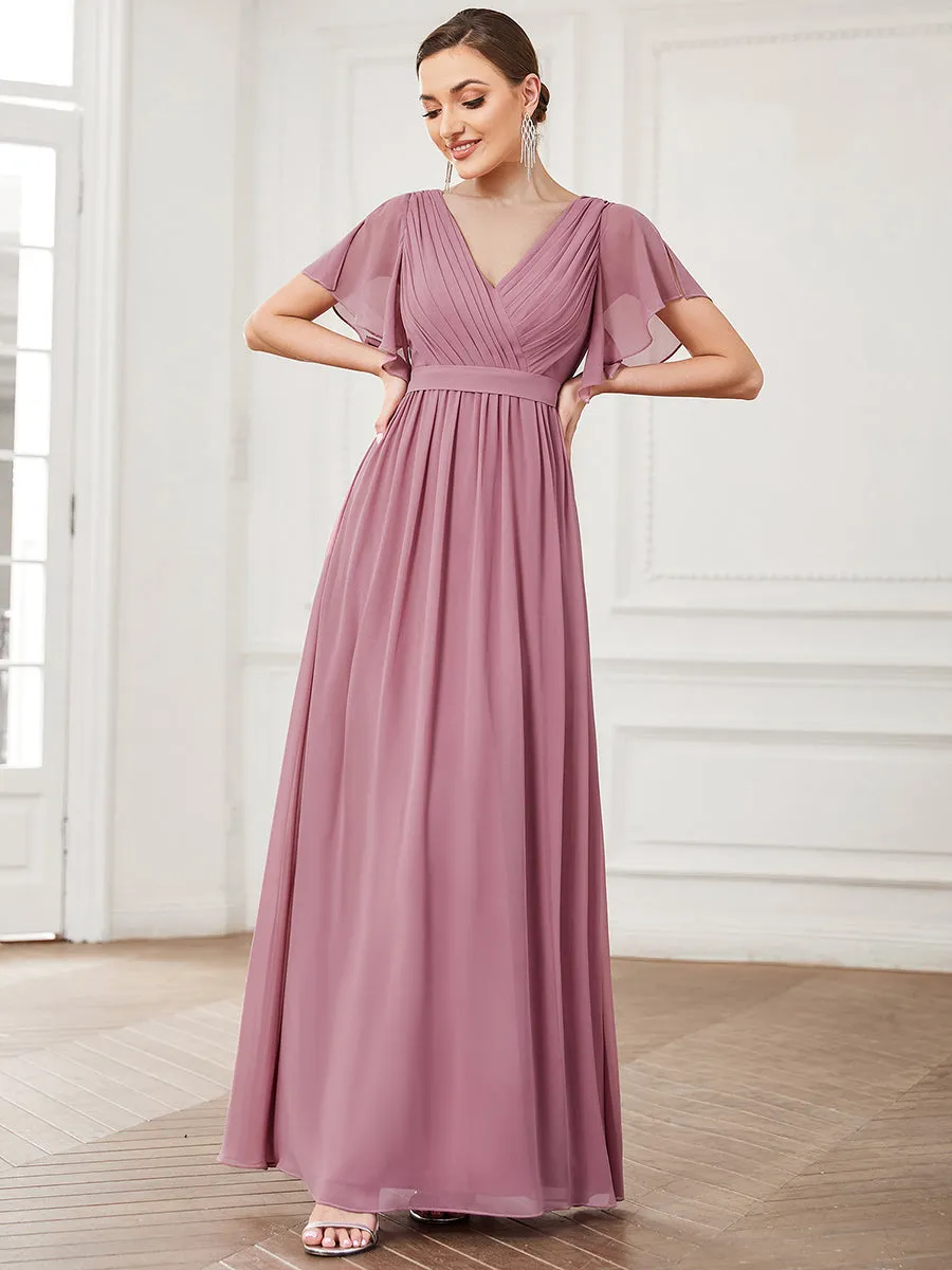 Custom Size A Line Wholesale Bridesmaid Dresses with Deep V Neck Ruffles Sleeves