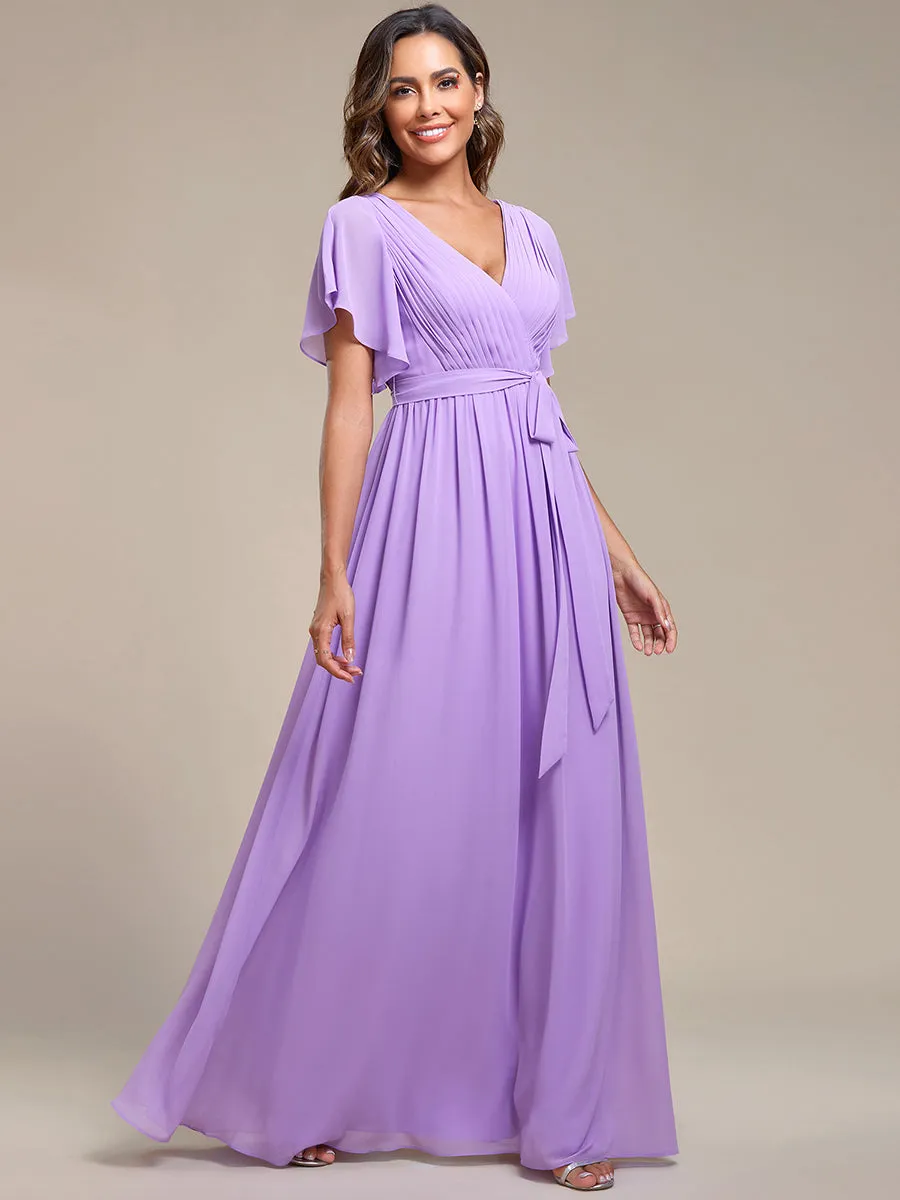 Custom Size A Line Wholesale Bridesmaid Dresses with Deep V Neck Ruffles Sleeves