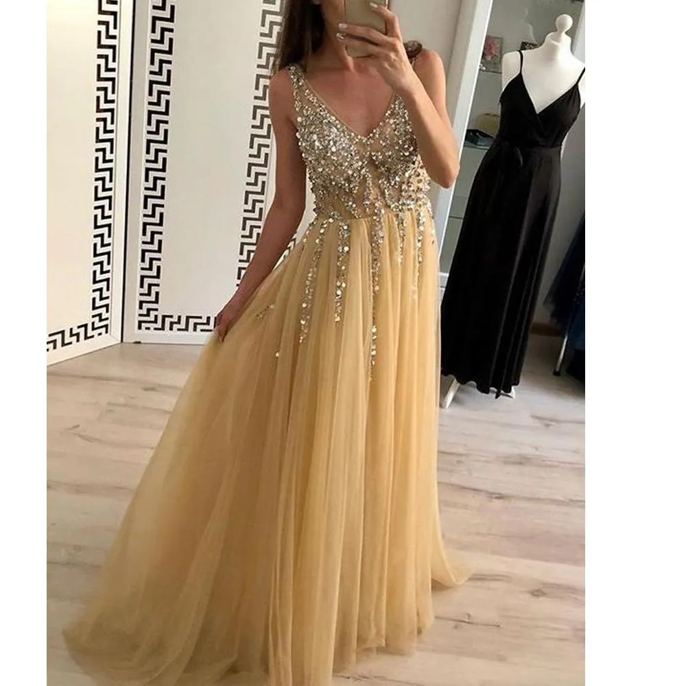 deep v neck beaded prom dresses long champagne crystals a line elegant cheap senior formal prom gown