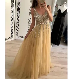 deep v neck beaded prom dresses long champagne crystals a line elegant cheap senior formal prom gown
