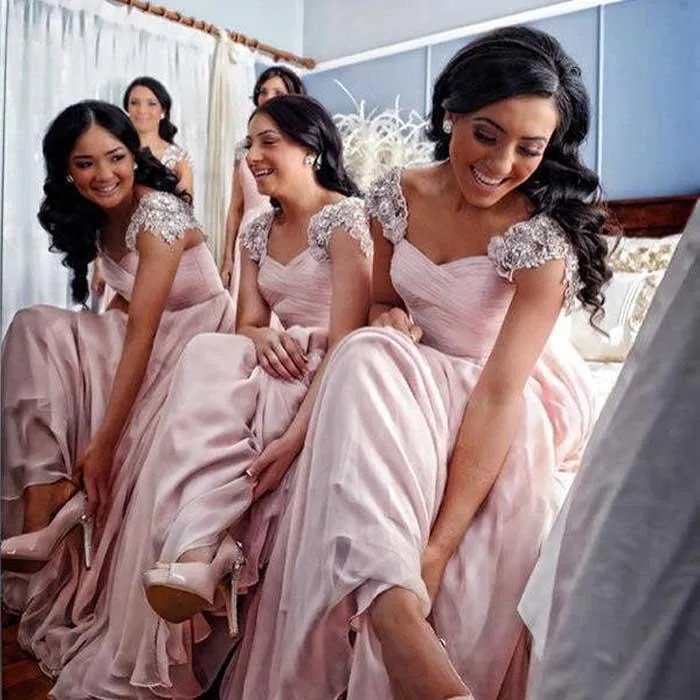 Delicate Chiffon V-neck Neckline A-line Bridesmaid Dresses With Beaded Appliques BD082