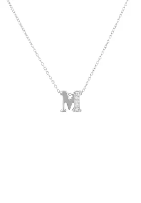 Diamond Initial Letter Pendant Necklace Silver M
