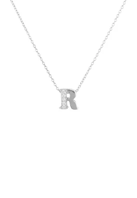 Diamond Initial Letter Pendant Necklace Silver R
