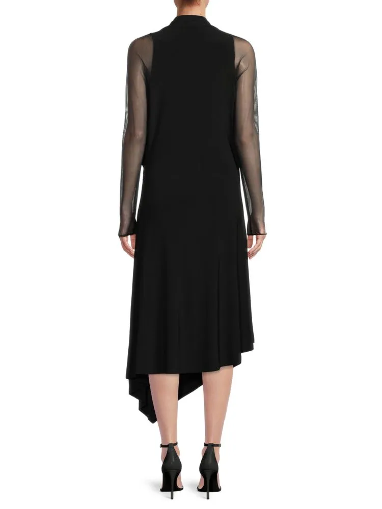 Donna Karan New York Asymmetrical Midi Dress with Mesh Sleeves, Black