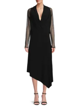 Donna Karan New York Asymmetrical Midi Dress with Mesh Sleeves, Black