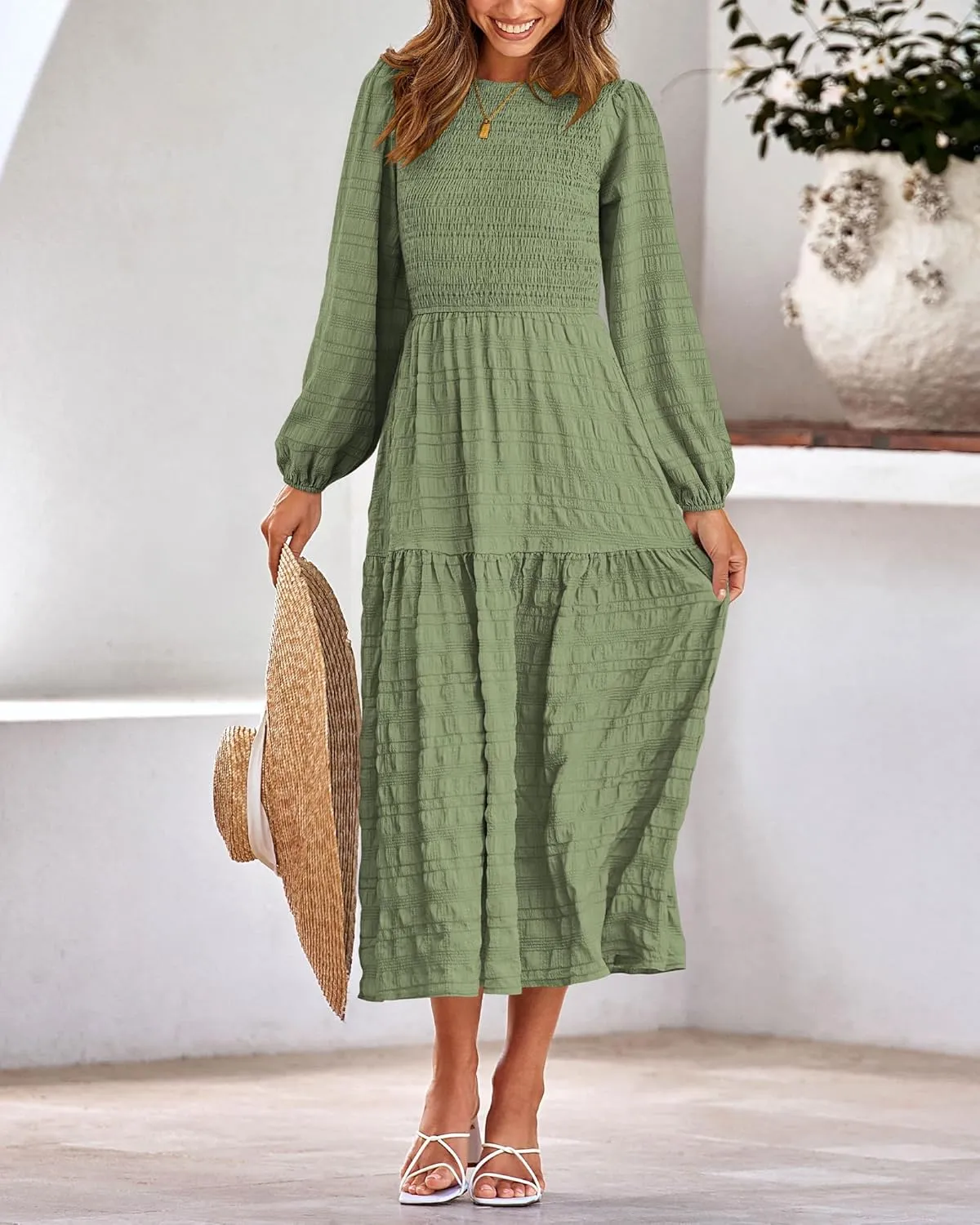 dowerme Women's Dresses 2025 Fall Puff Long Sleeve Crewneck Smocked Tiered Flowy A-Line Boho Wedding Party Maxi Dress