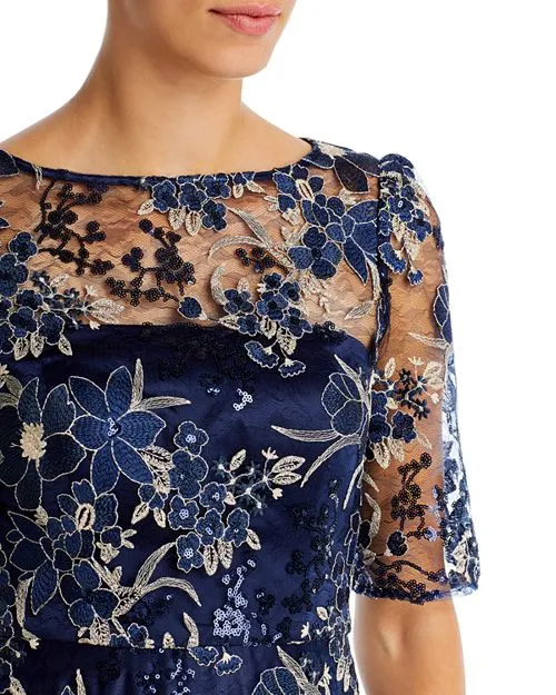 Dress with illusion yoke and short sleeves Eliza J, color Blue