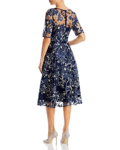 Dress with illusion yoke and short sleeves Eliza J, color Blue