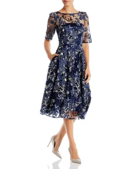 Dress with illusion yoke and short sleeves Eliza J, color Blue