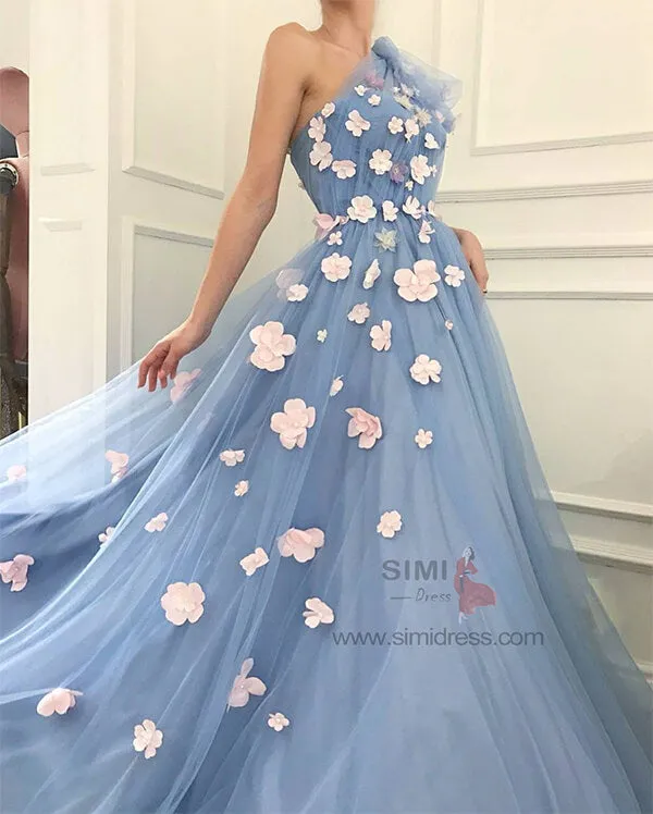 Dusty Blue Tulle 3D Flowers One Shoulder Long Prom Dresses, Party Dresses, SP693