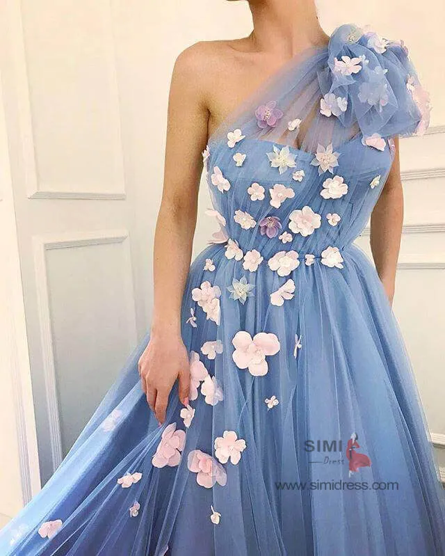 Dusty Blue Tulle 3D Flowers One Shoulder Long Prom Dresses, Party Dresses, SP693
