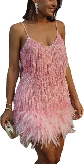 Ecirod Womens Tassel Feather Sequin Mini Dress Sexy V Neck Spaghetti Strap Short Fringe Dresses