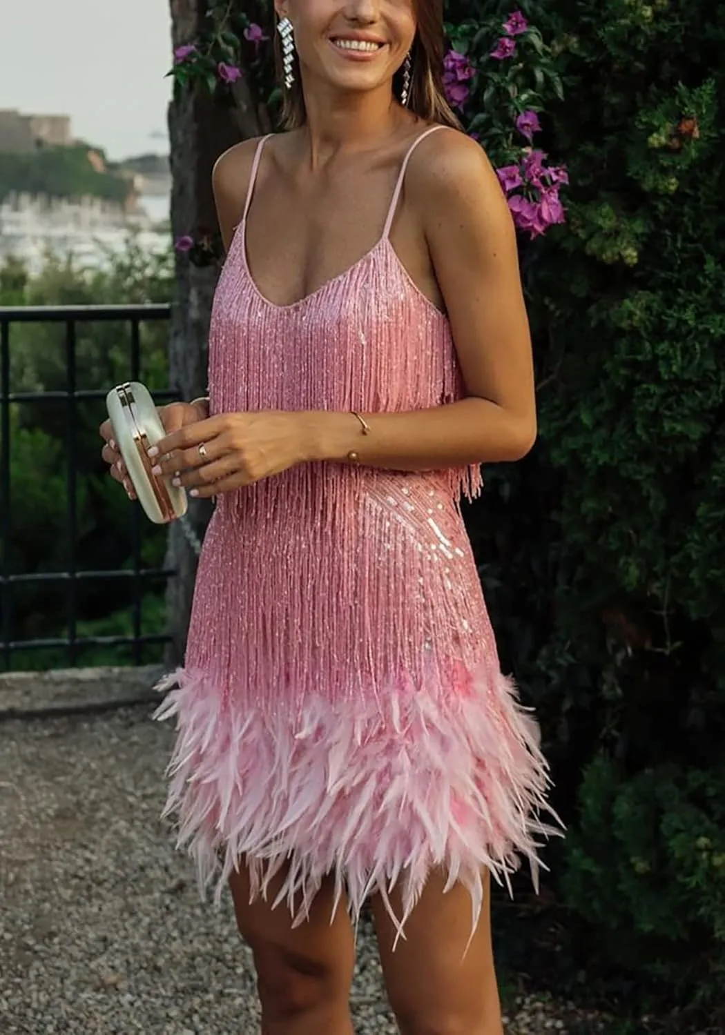 Ecirod Womens Tassel Feather Sequin Mini Dress Sexy V Neck Spaghetti Strap Short Fringe Dresses