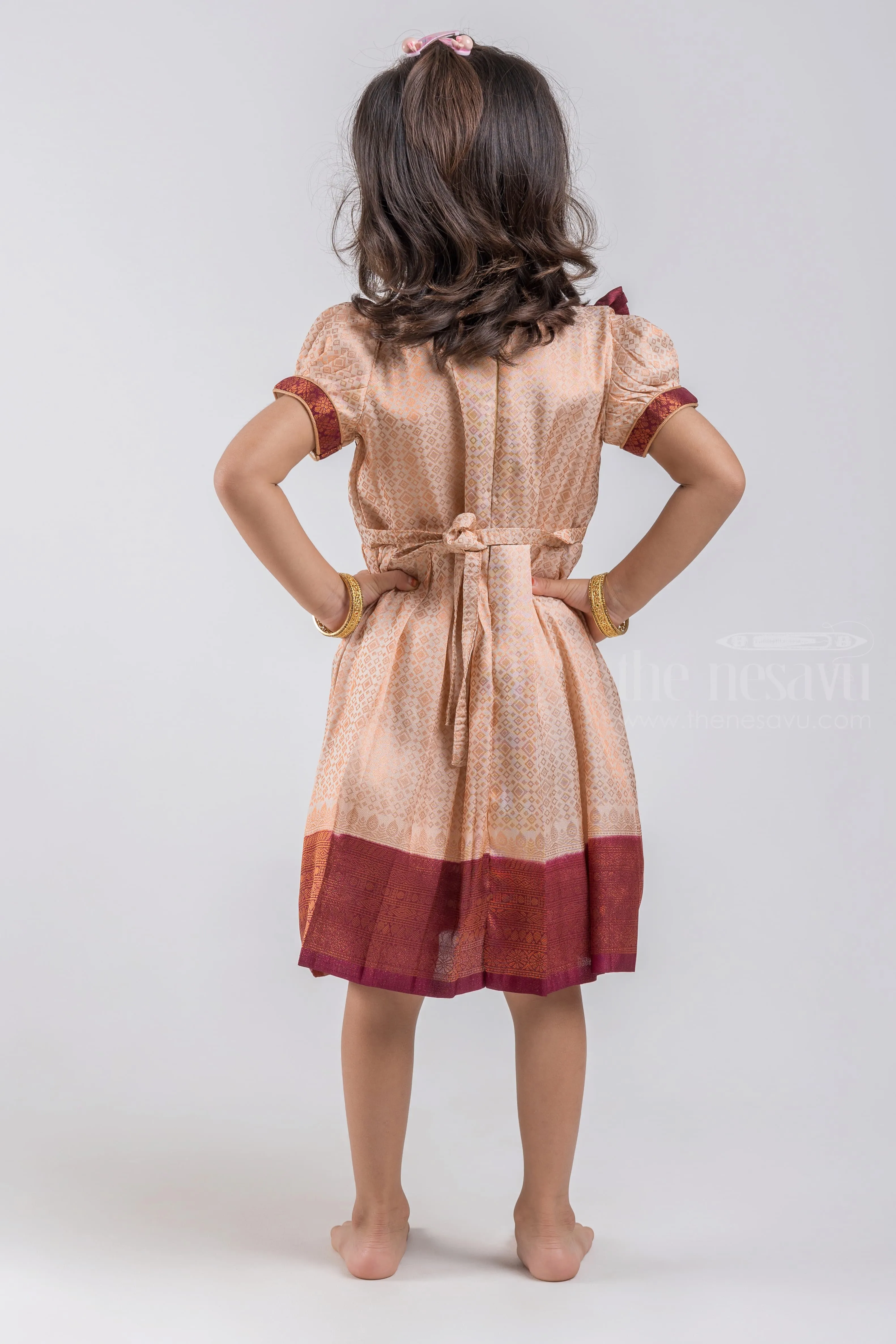 Elegant Cream and Brown Semi Banarasi Silk / Pattu Frock for Little Girls Festive Events