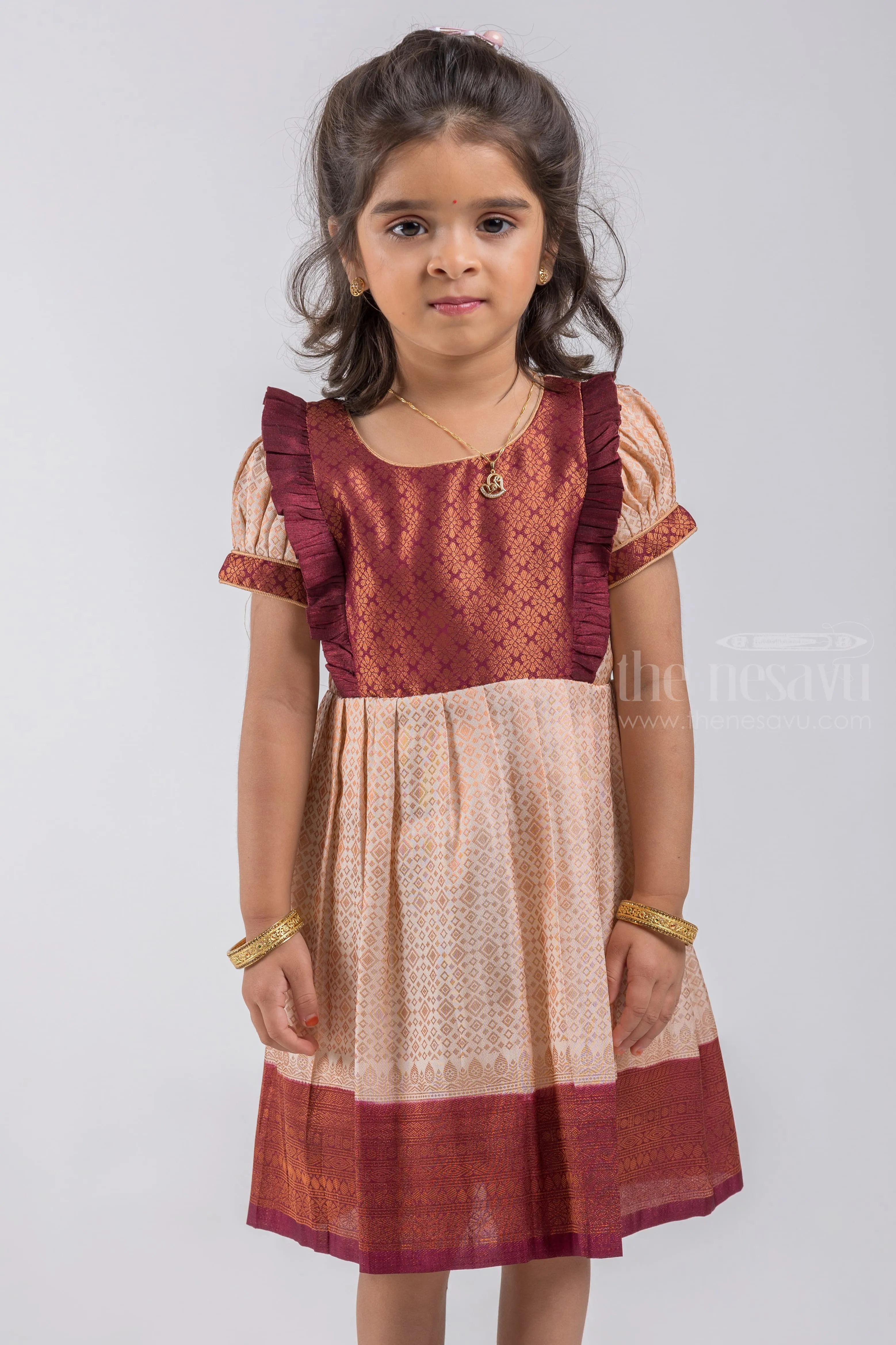 Elegant Cream and Brown Semi Banarasi Silk / Pattu Frock for Little Girls Festive Events