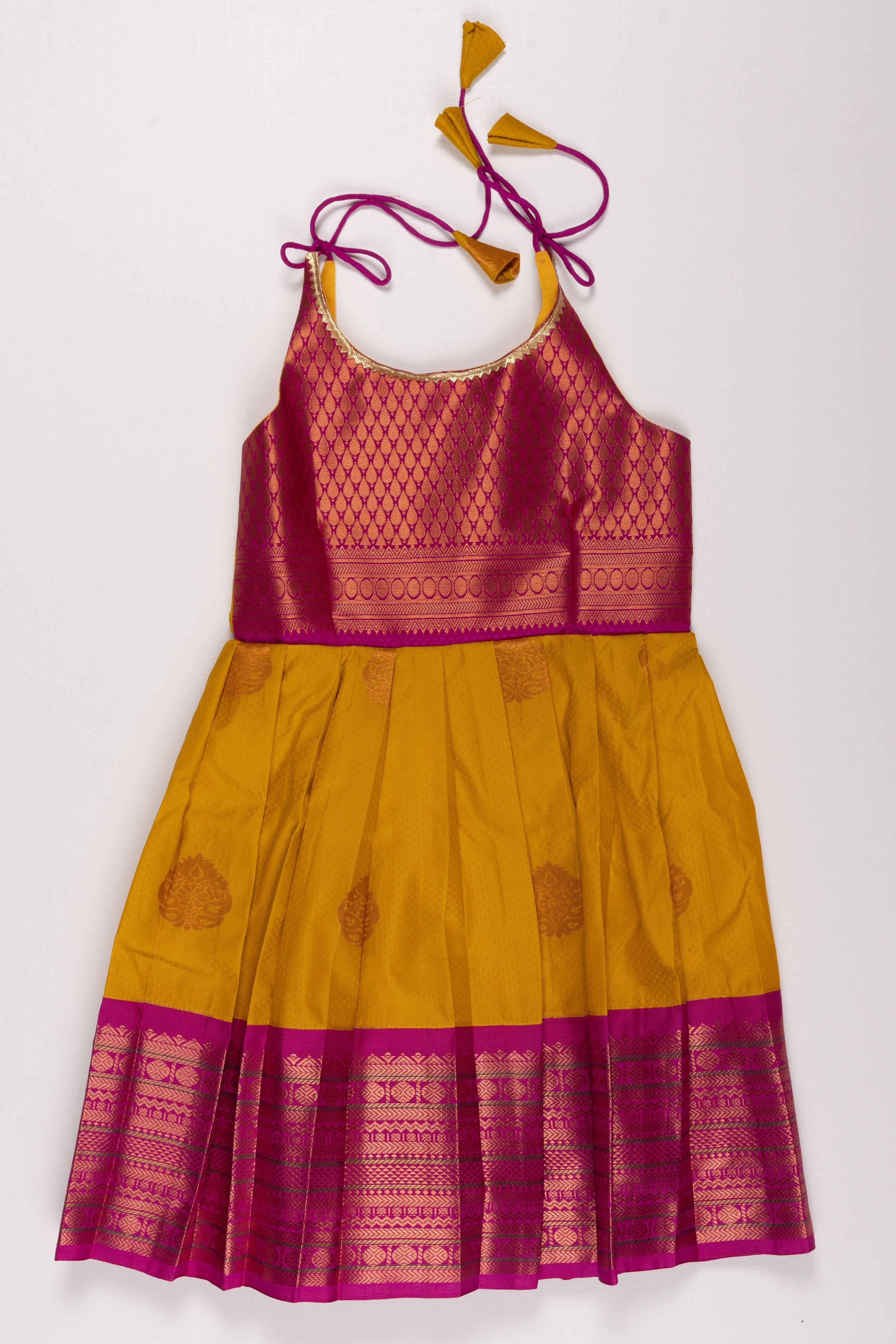 Elegant Magenta and Yellow Silk Blend TieUp Frock with Intricate Gold Border Detailing
