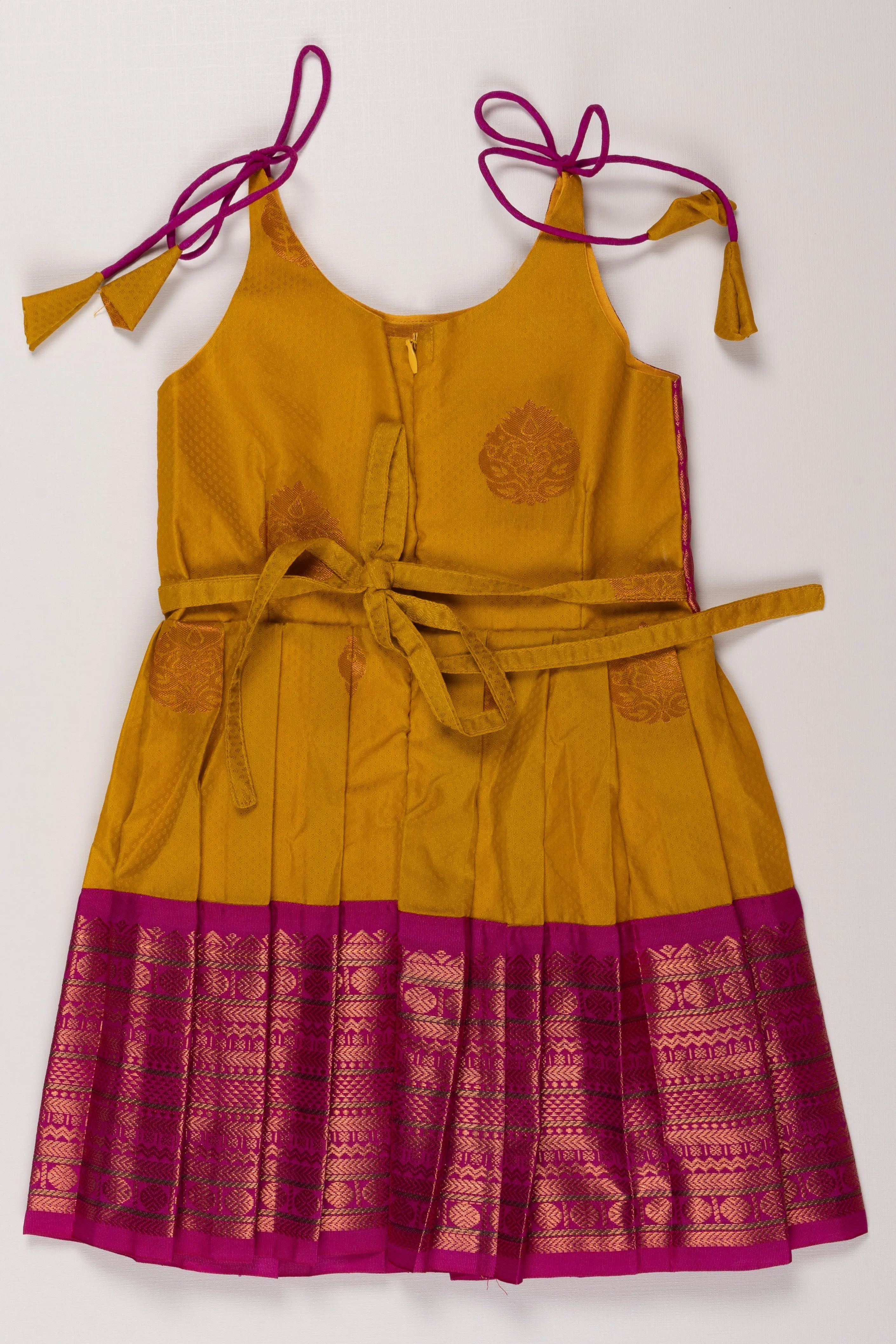Elegant Magenta and Yellow Silk Blend TieUp Frock with Intricate Gold Border Detailing