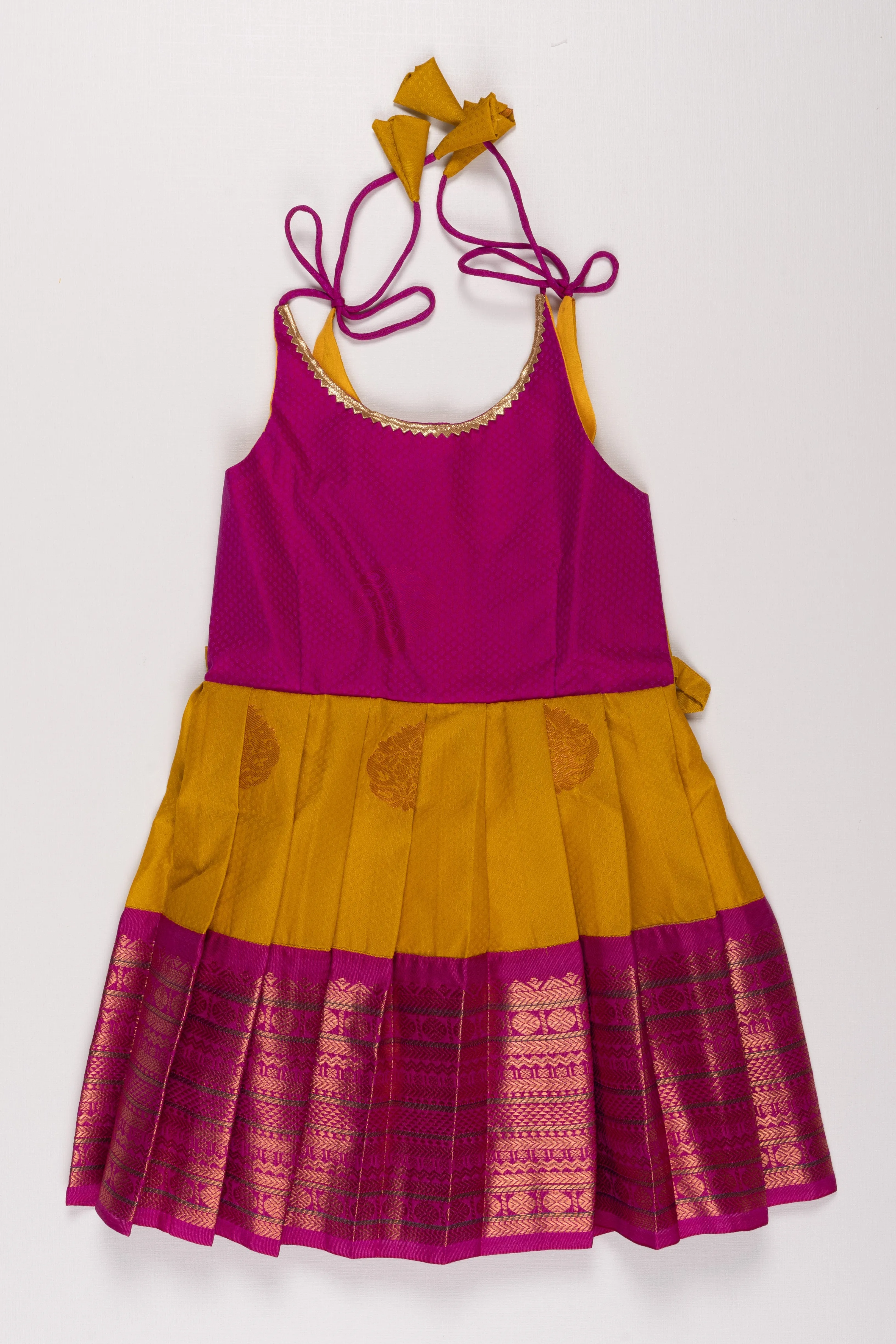 Elegant Magenta and Yellow Silk Blend TieUp Frock with Intricate Gold Border Detailing