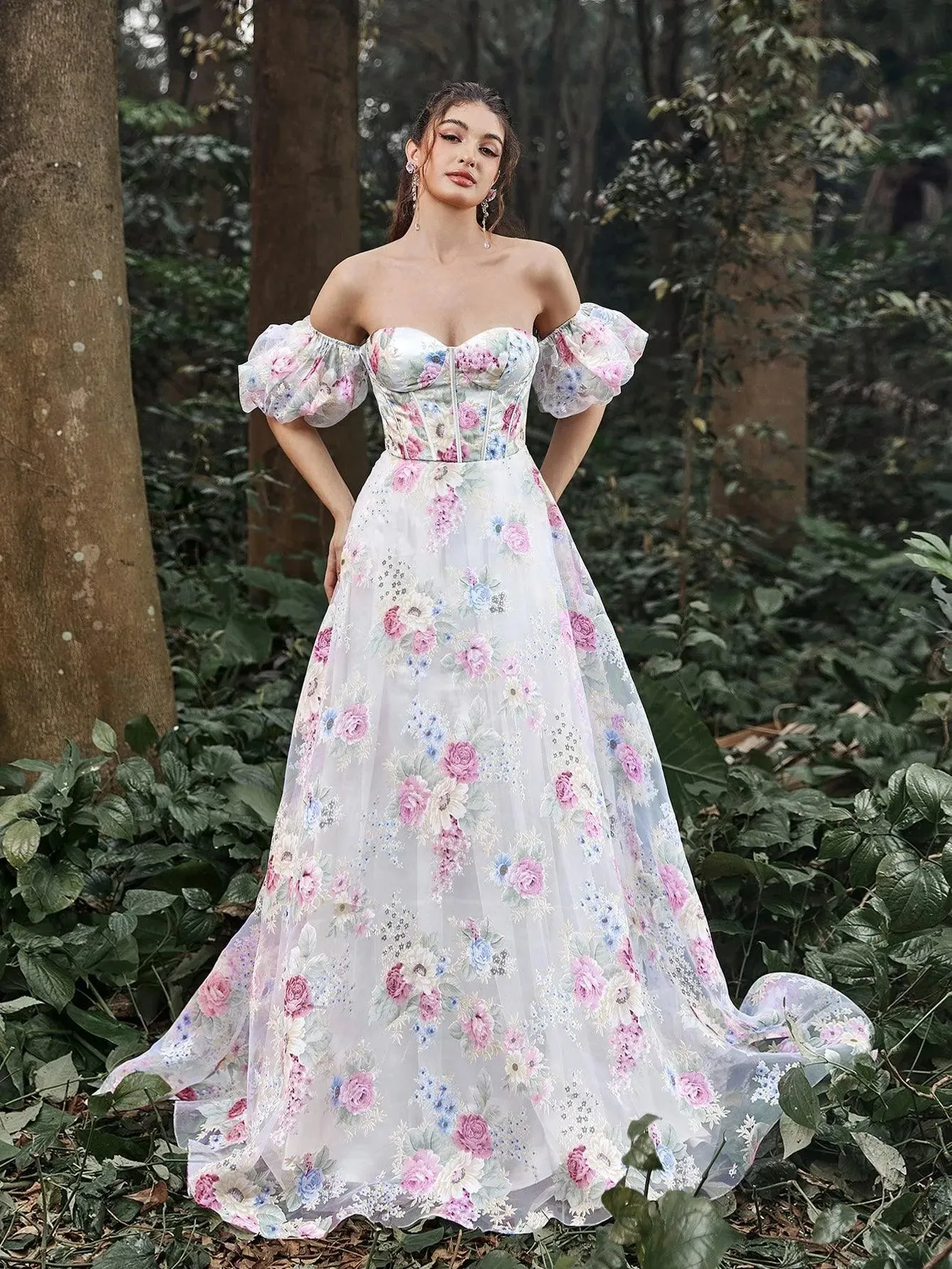 Elegant Off Shoulder Puff Sleeves Floral Printed Organza Prom Dress