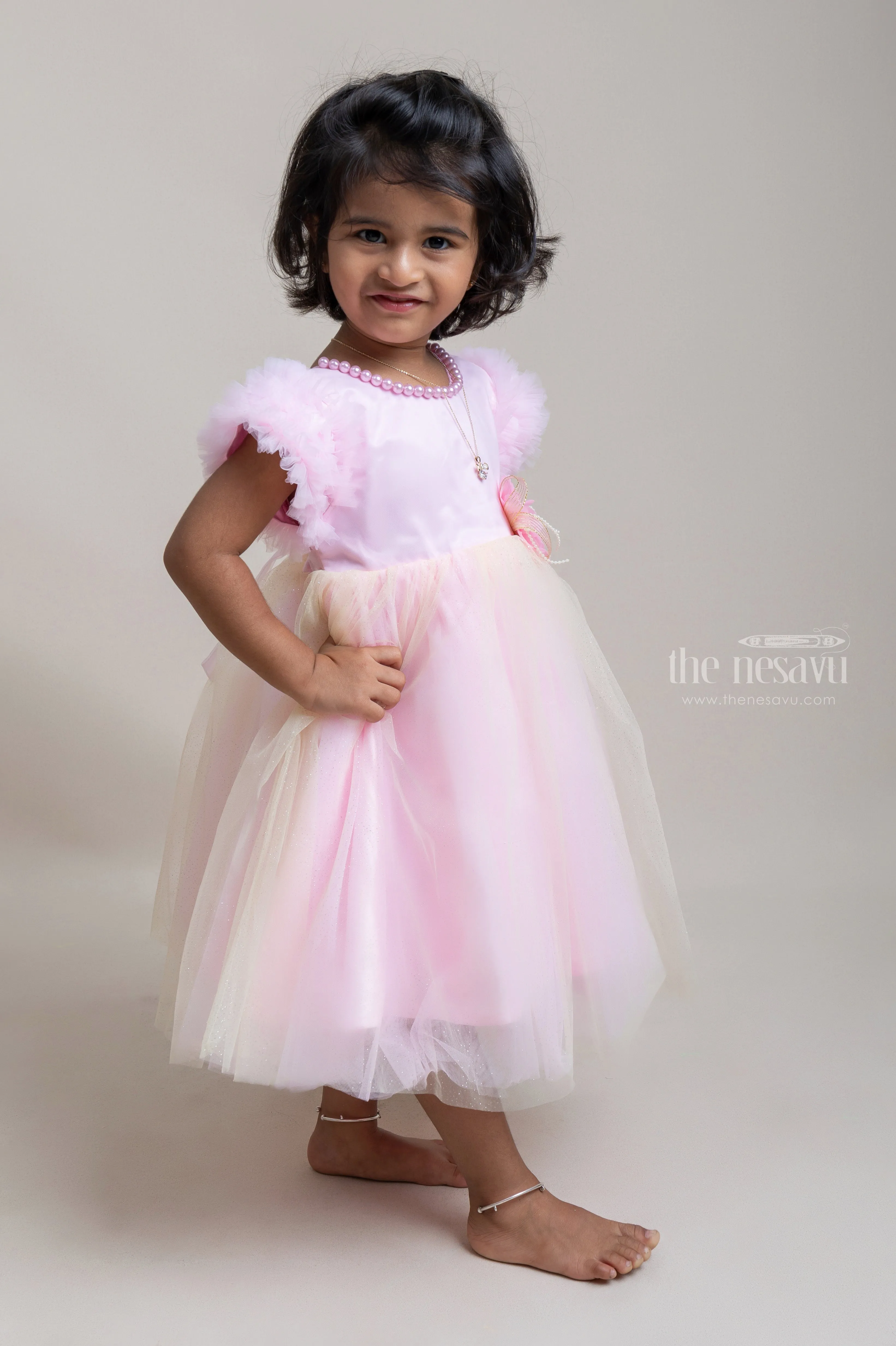Elegant Pink Party Frock With Pearl Sequenced Neck Design For Girls