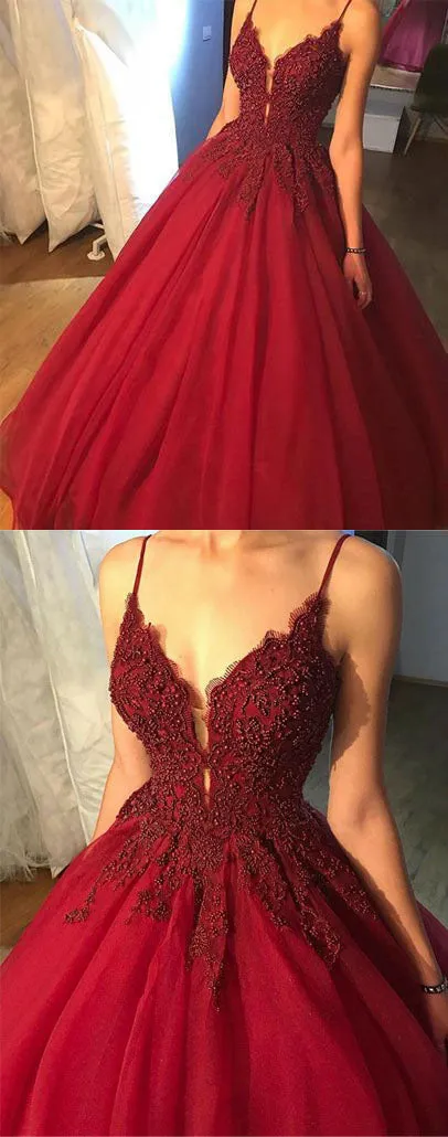 Elegant Red Tulle A Line V-neck Spaghetti Straps Floor Length Long Prom Dress, M265