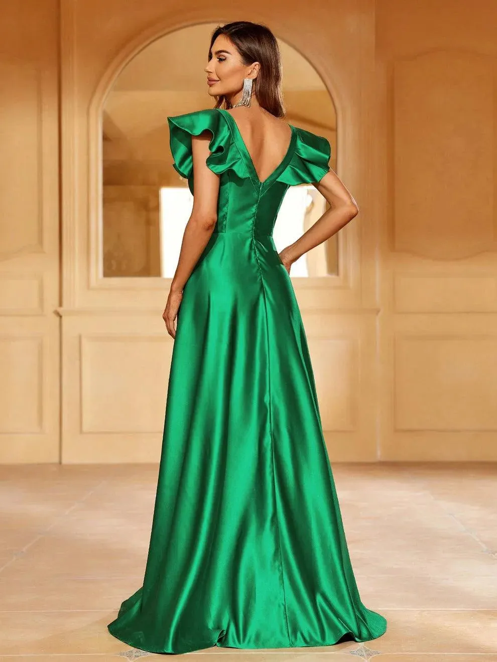 Elegant Ruffle Trim Plunging Neck Satin Formal Dress