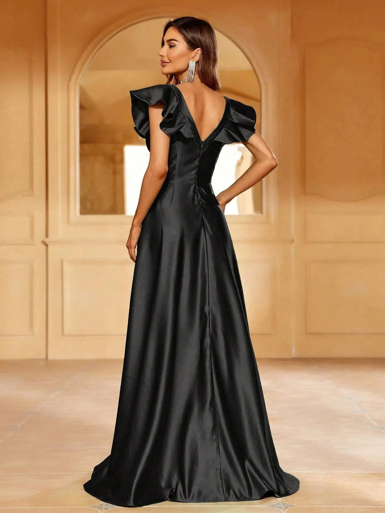 Elegant Ruffle Trim Plunging Neck Satin Formal Dress