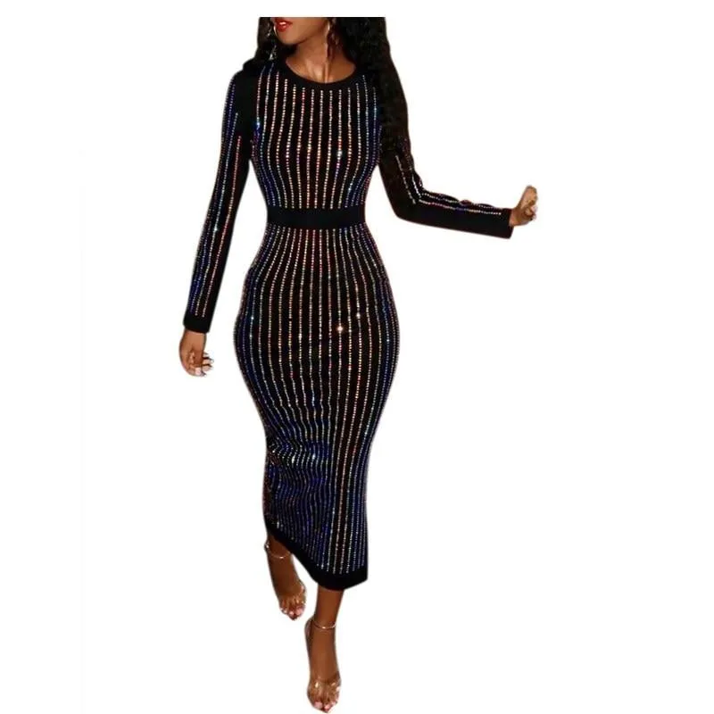 Elegant Shining Diamonds Striped Party Dress