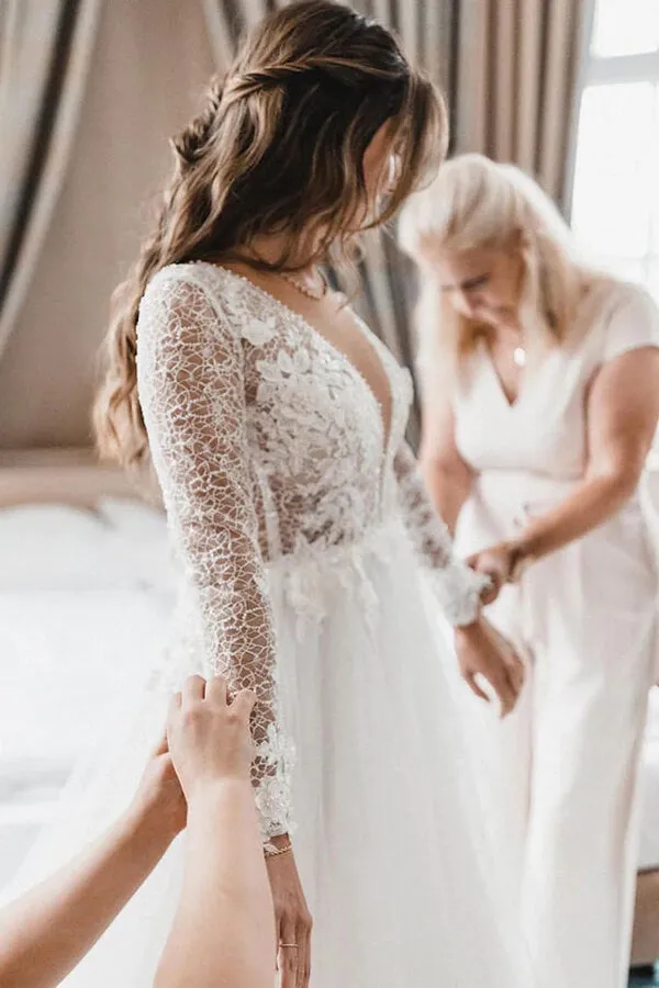 Elegant Tulle A-line V-neck Long Sleeves Wedding Dresses With Lace, SW659