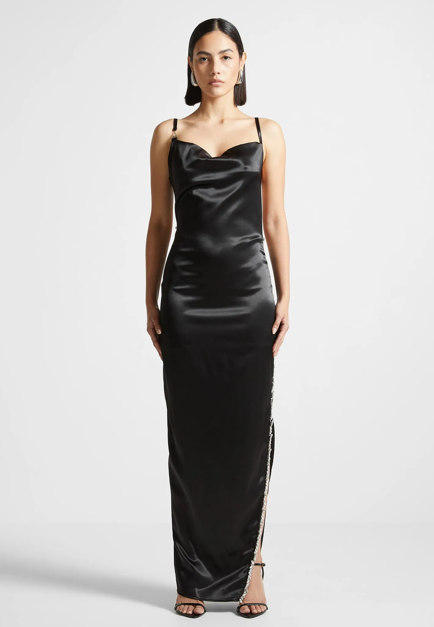 Embellished Open Back Satin Midaxi Dress - Black