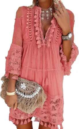 Embroidered Patchwork Fringe Dress for Women Boho Floral Lace Tassel Fringe V-Neck Large Size Short Summer Dresses