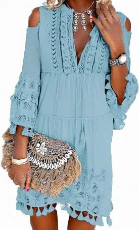 Embroidered Patchwork Fringe Dress for Women Boho Floral Lace Tassel Fringe V-Neck Large Size Short Summer Dresses