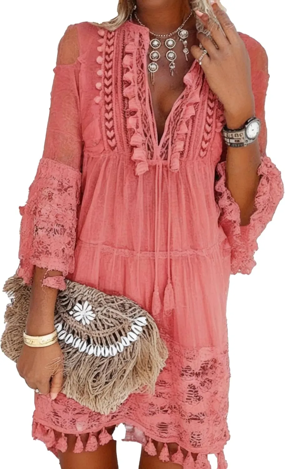 Embroidered Patchwork Fringe Dress for Women Boho Floral Lace Tassel Fringe V-Neck Large Size Short Summer Dresses