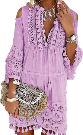 Embroidered Patchwork Fringe Dress for Women Boho Floral Lace Tassel Fringe V-Neck Large Size Short Summer Dresses