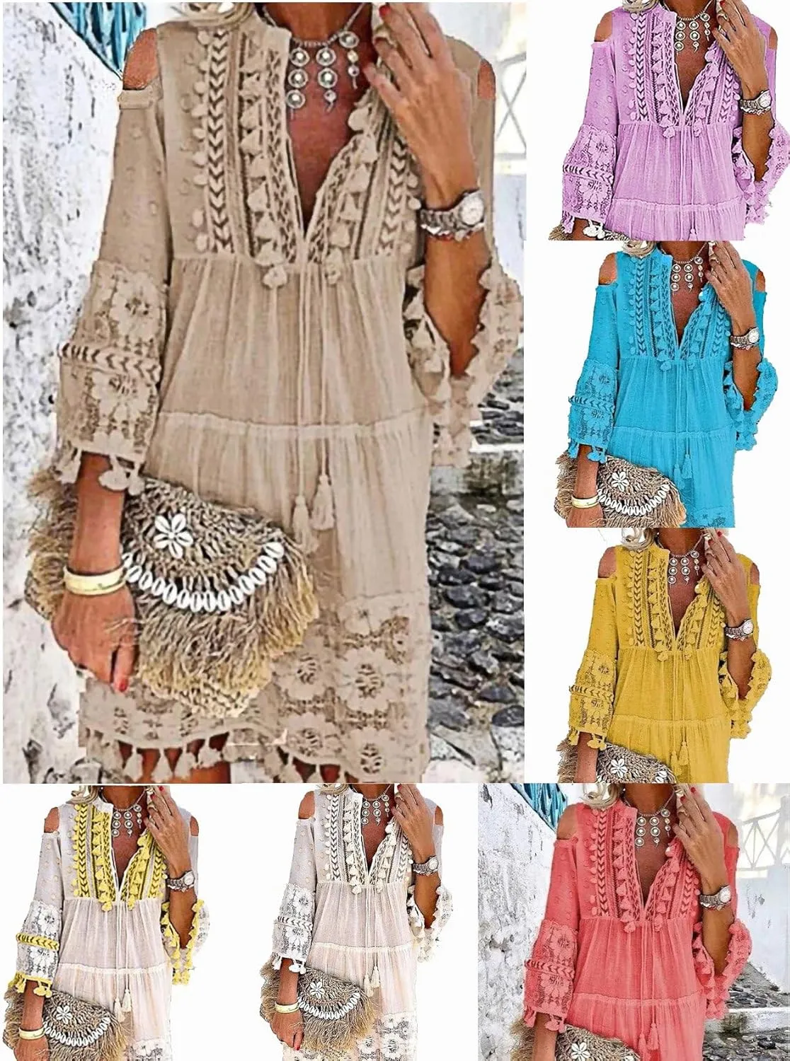 Embroidered Patchwork Fringe Dress for Women Boho Floral Lace Tassel Fringe V-Neck Large Size Short Summer Dresses