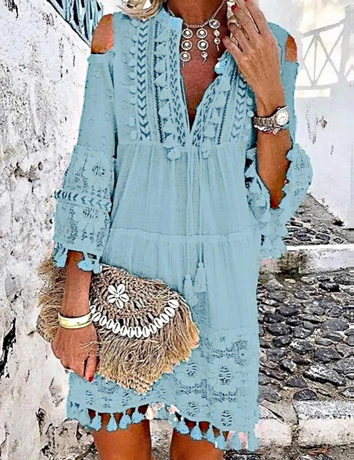 Embroidered Patchwork Fringe Dress for Women Boho Floral Lace Tassel Fringe V-Neck Large Size Short Summer Dresses