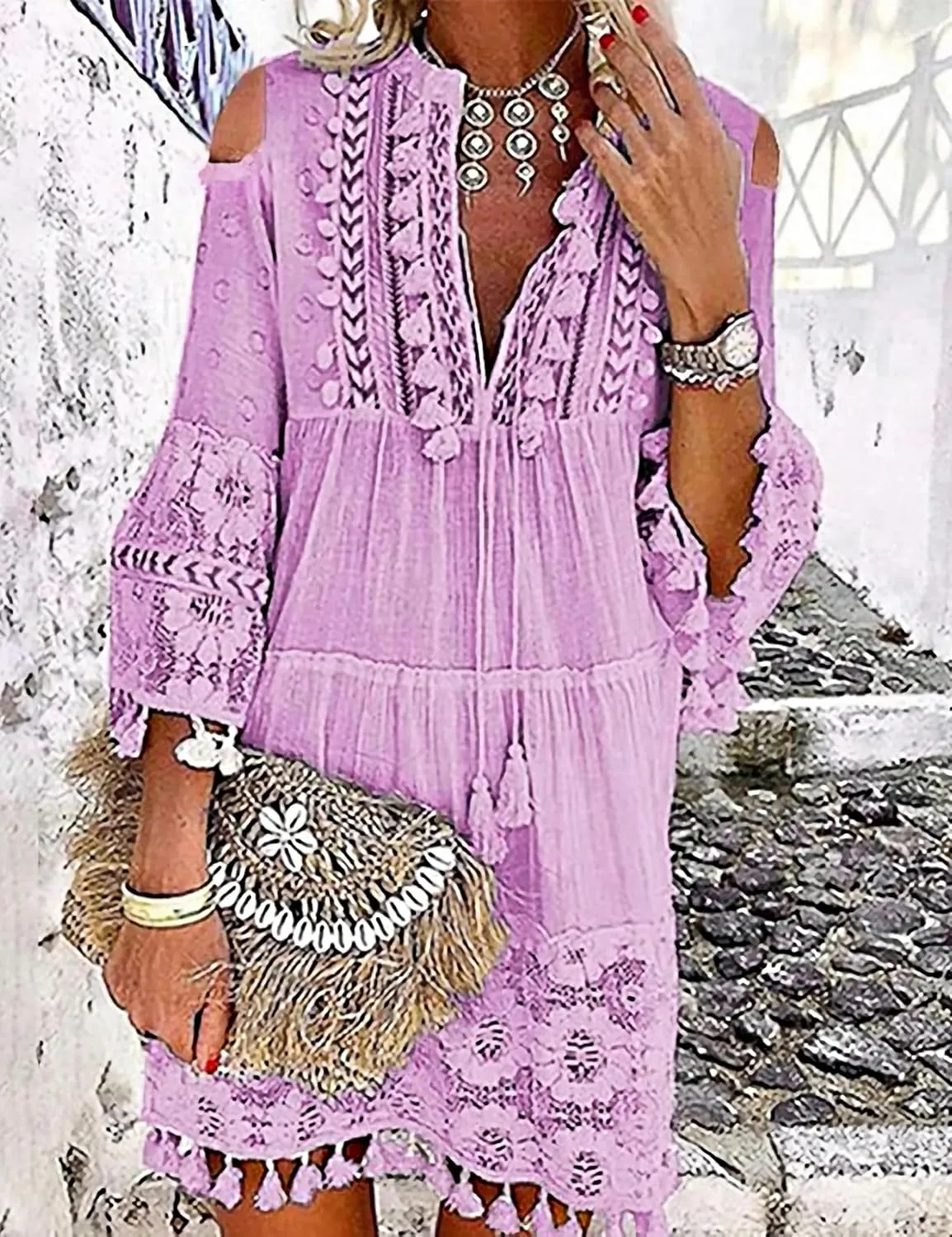 Embroidered Patchwork Fringe Dress for Women Boho Floral Lace Tassel Fringe V-Neck Large Size Short Summer Dresses