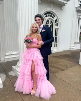 Fairy Ball Gown V Neck Pink Tulle Prom Dresses with Slit Graduation Dress