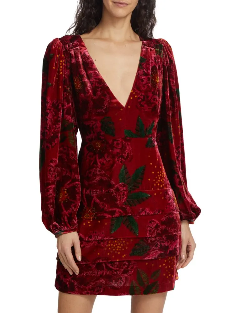 Farm Rio Velvet Mini Dress with Glitter Flowers in Shiny Red