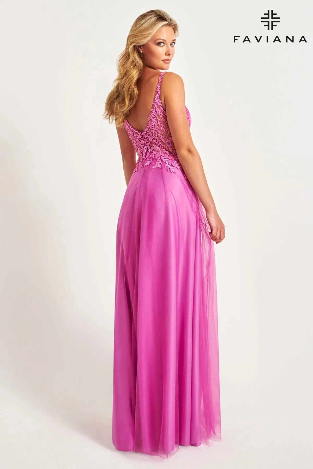 Faviana 11055 Tulle Applique V-Neck with Full Skirt