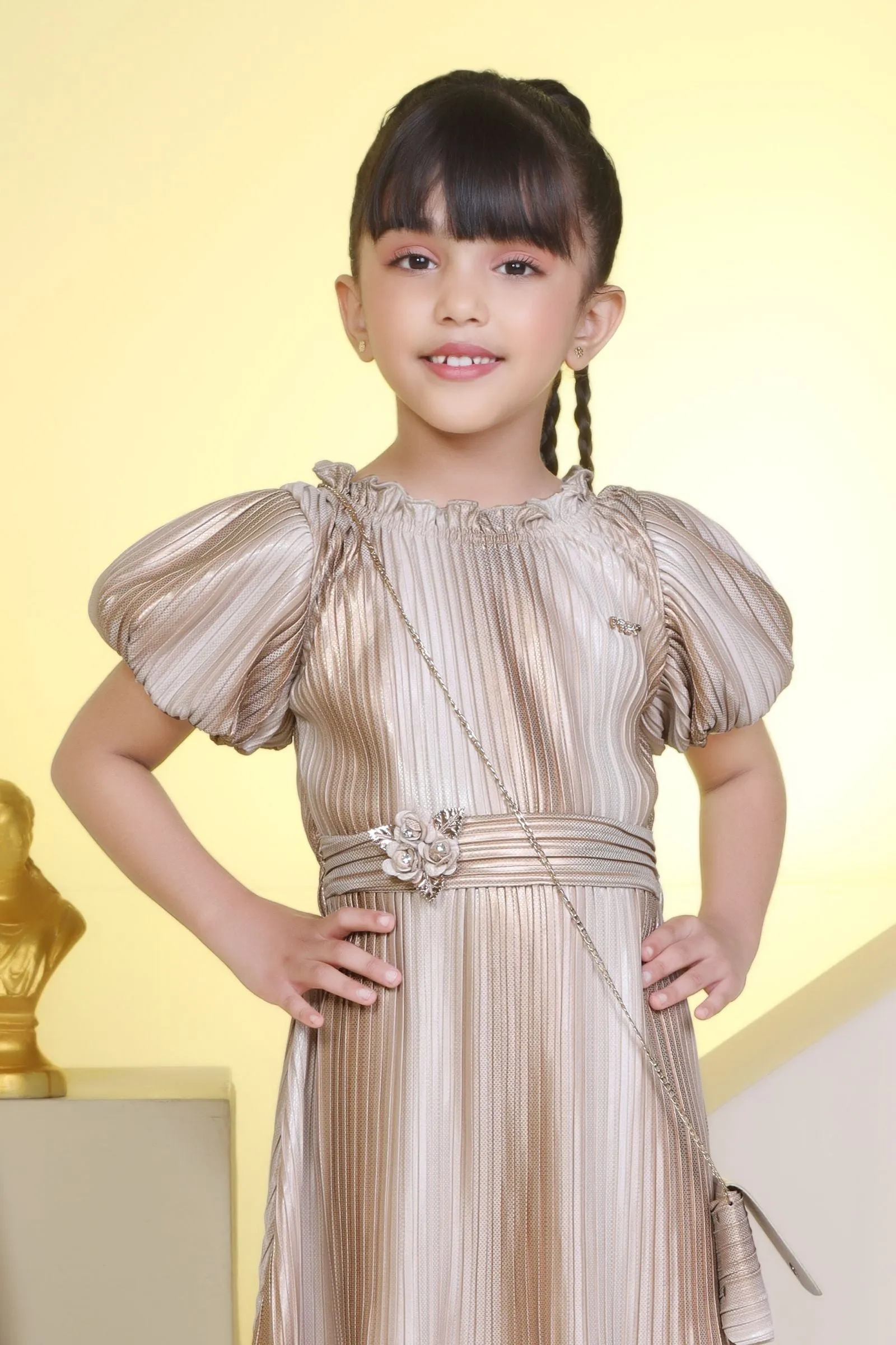 Fawn Printed Short Frock for Girls with Matching Purse