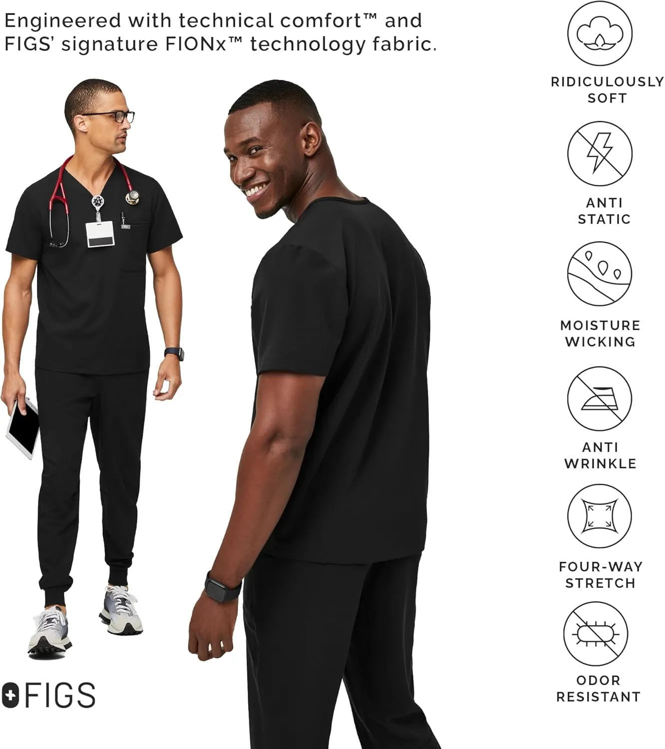 FIGS Leon Scrub Top for Men  3 Pockets, Tailored Fit, Modern V-Neck, 4-Way Stretch, Moisture-Wicking