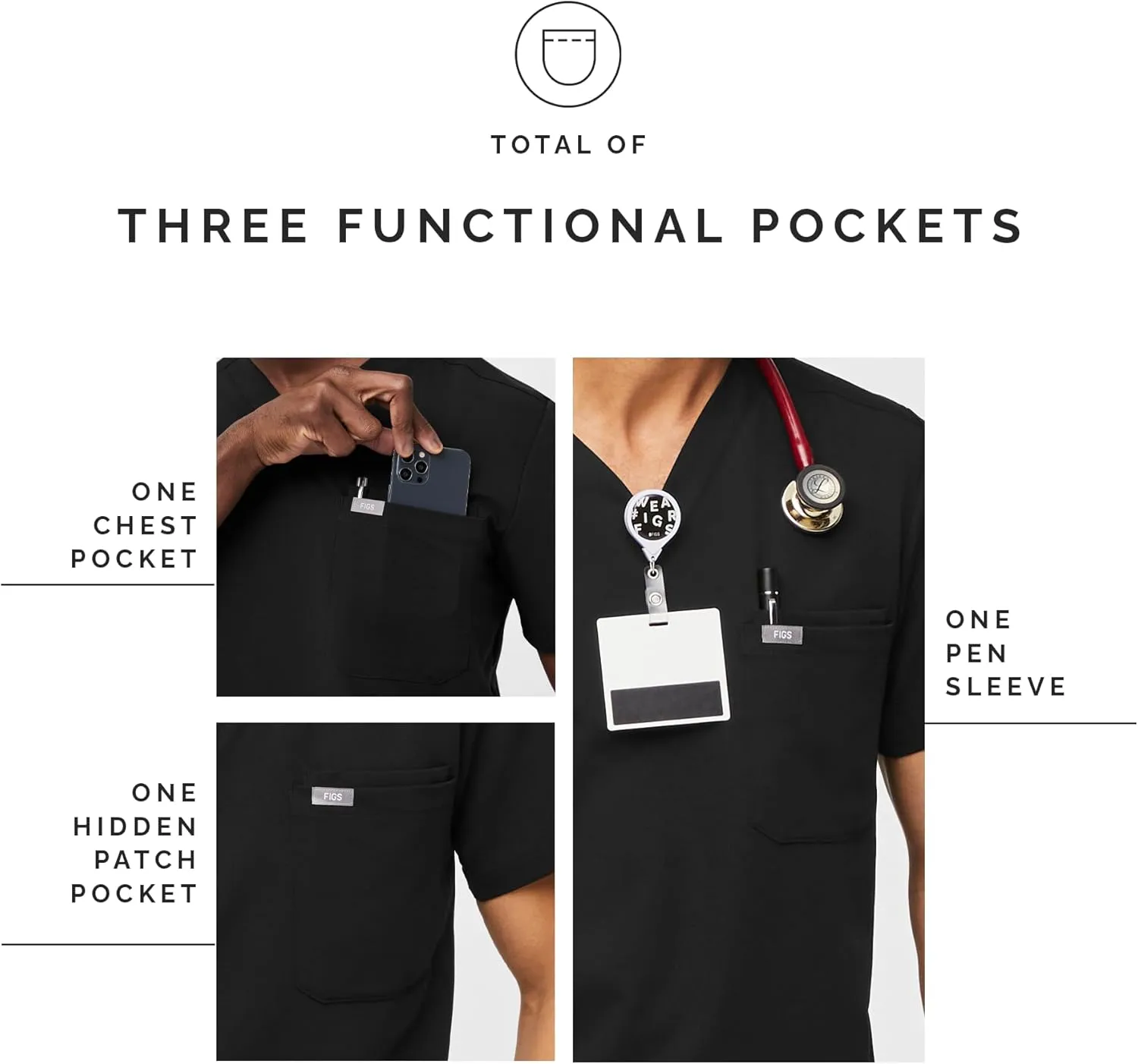 FIGS Leon Scrub Top for Men  3 Pockets, Tailored Fit, Modern V-Neck, 4-Way Stretch, Moisture-Wicking