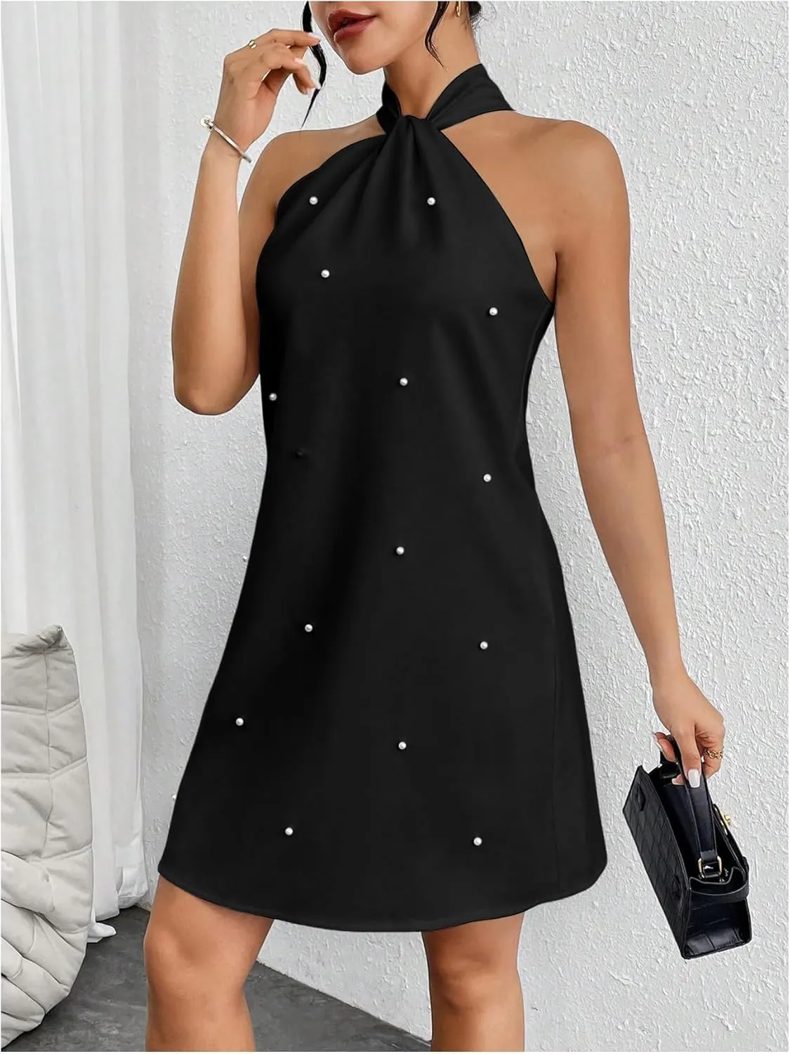 Floerns Women's Pearl Beaded Halter Twist Sleeveless Tie Back Dress A Line Dress