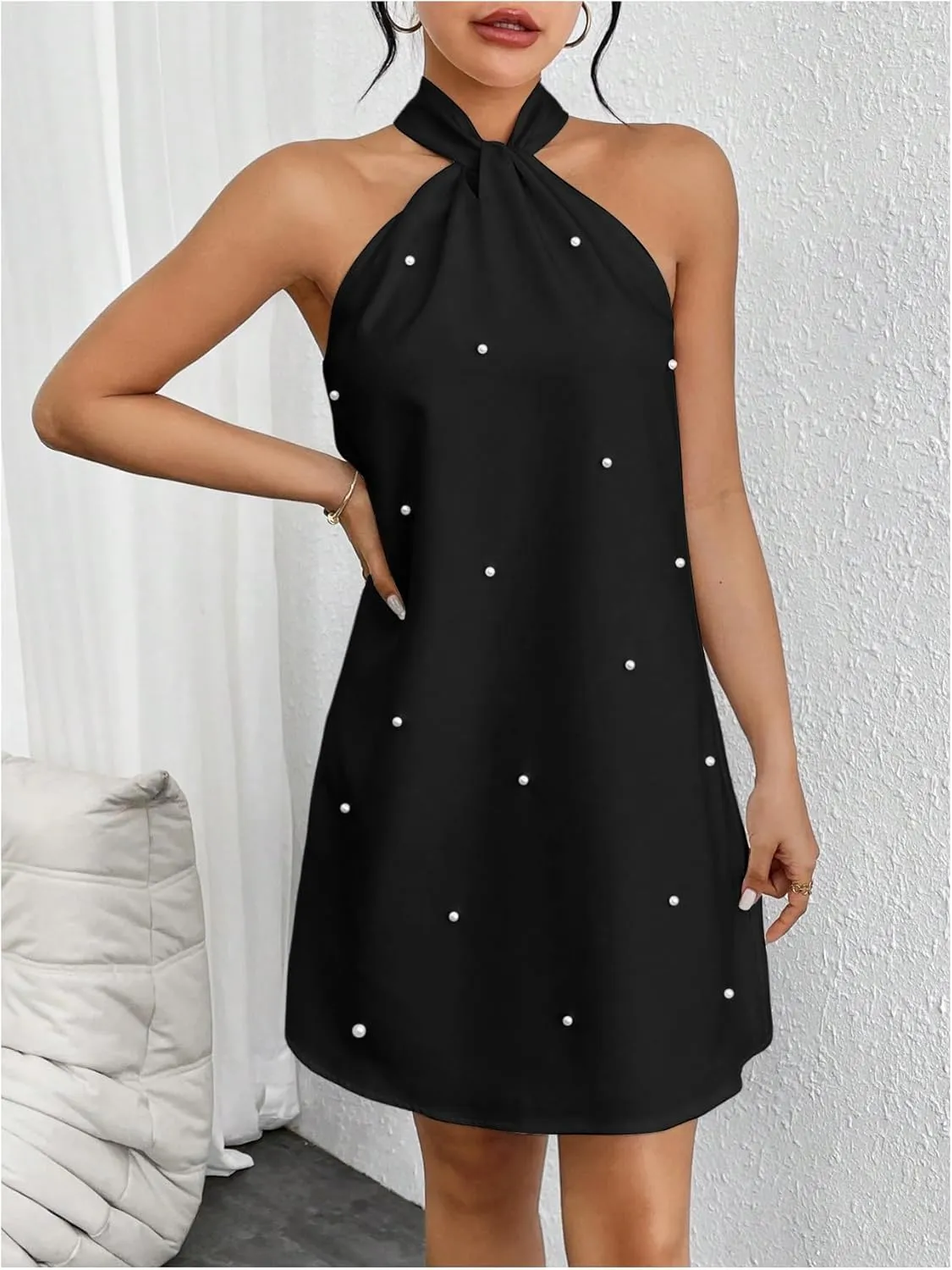 Floerns Women's Pearl Beaded Halter Twist Sleeveless Tie Back Dress A Line Dress
