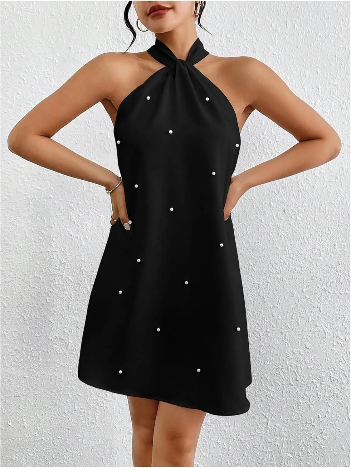 Floerns Women's Pearl Beaded Halter Twist Sleeveless Tie Back Dress A Line Dress
