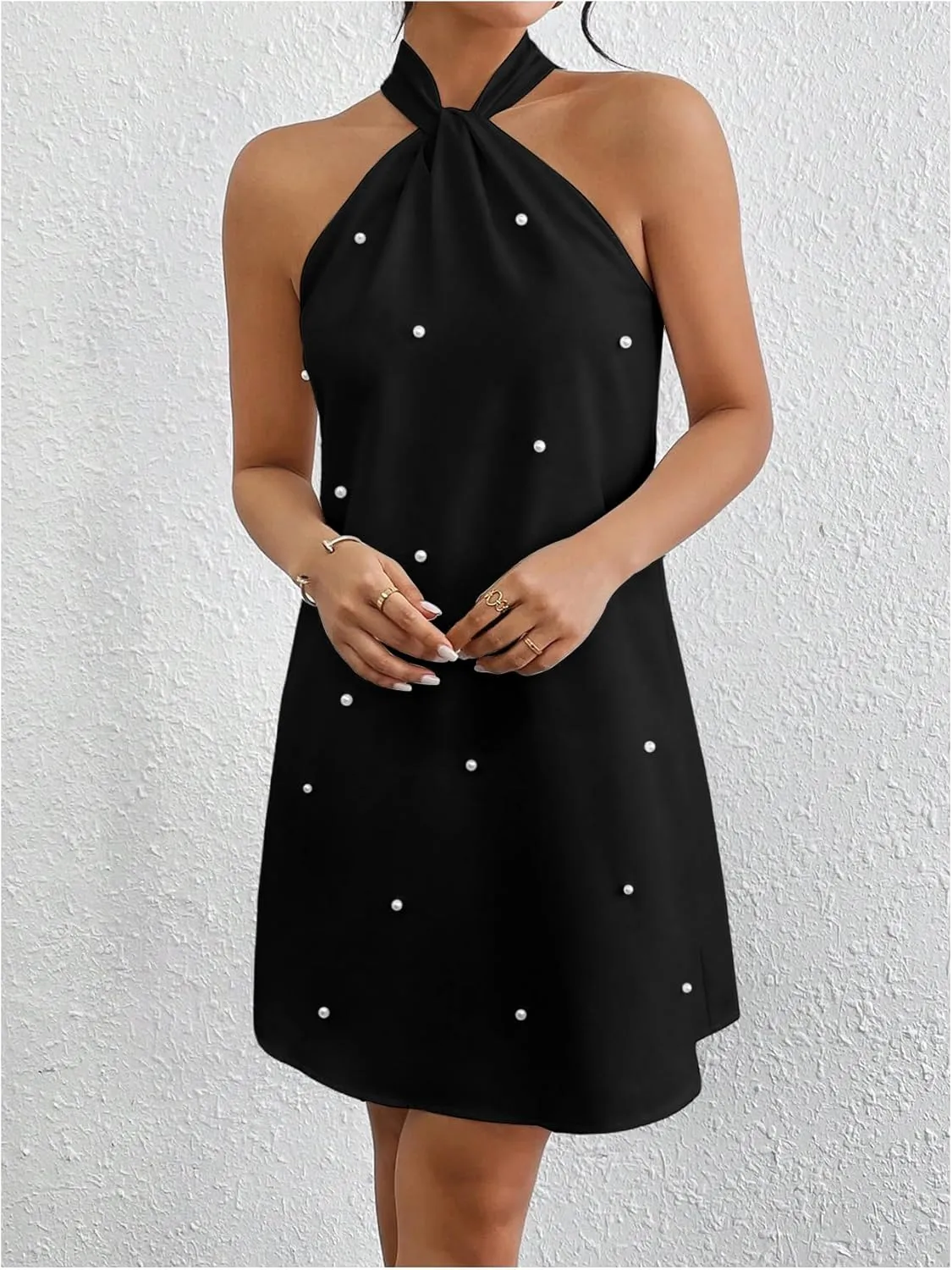 Floerns Women's Pearl Beaded Halter Twist Sleeveless Tie Back Dress A Line Dress