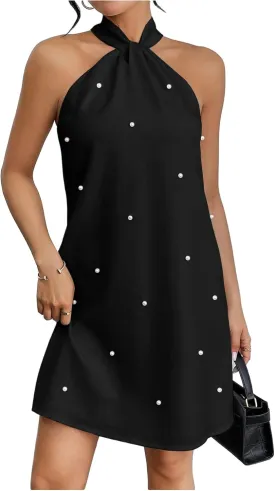 Floerns Women's Pearl Beaded Halter Twist Sleeveless Tie Back Dress A Line Dress