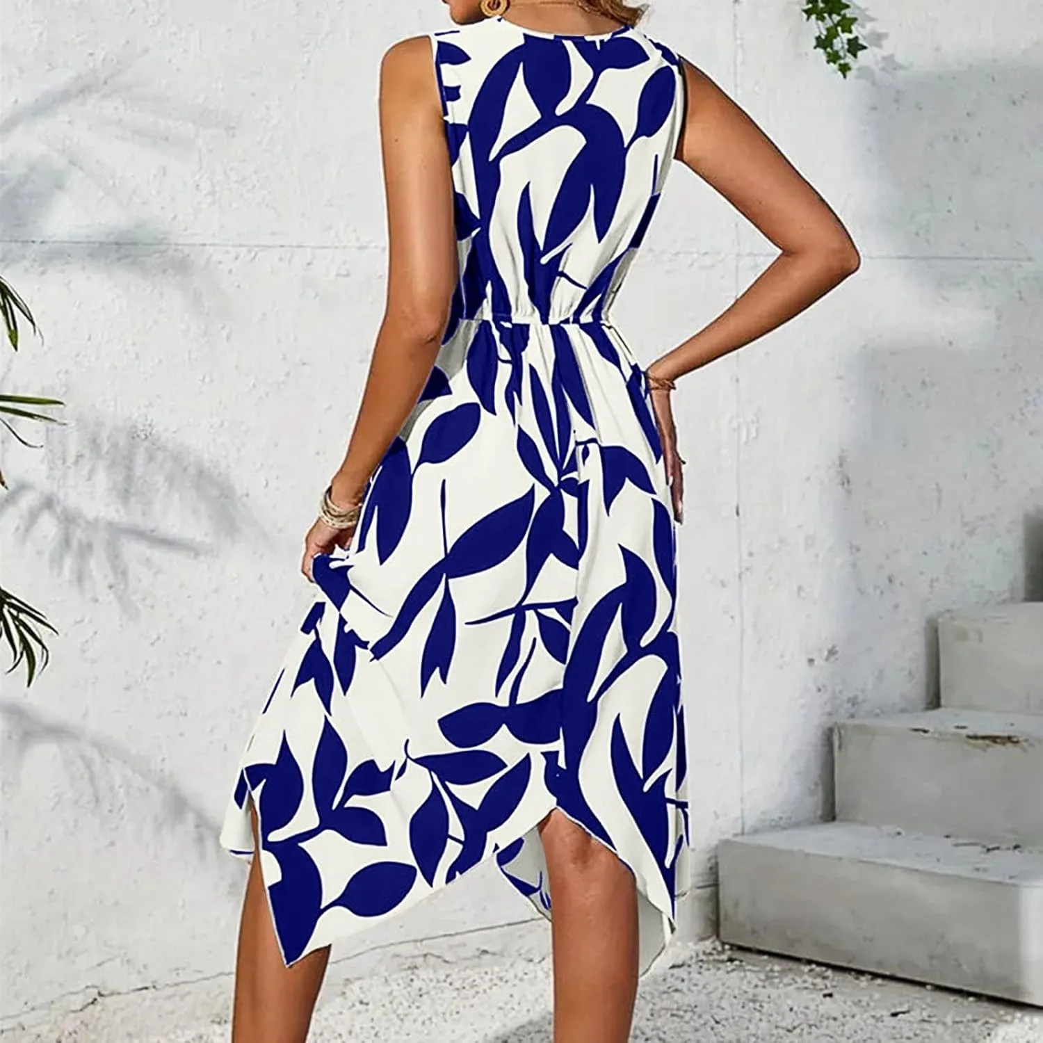 Floral Dress for Women Leaf Printed Vacation Sundresses Swing Flowy Twisted Irregular Wrap Dresses